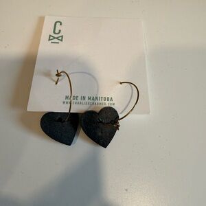 Black Heart Earrings on gold looking hoop